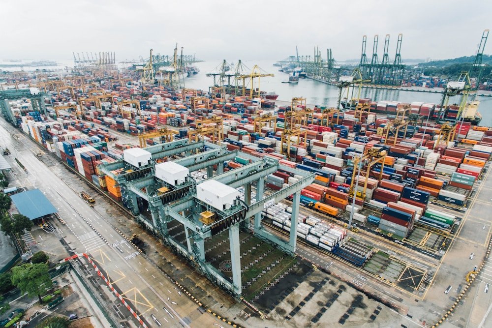 International shipping container port and gantry cranes