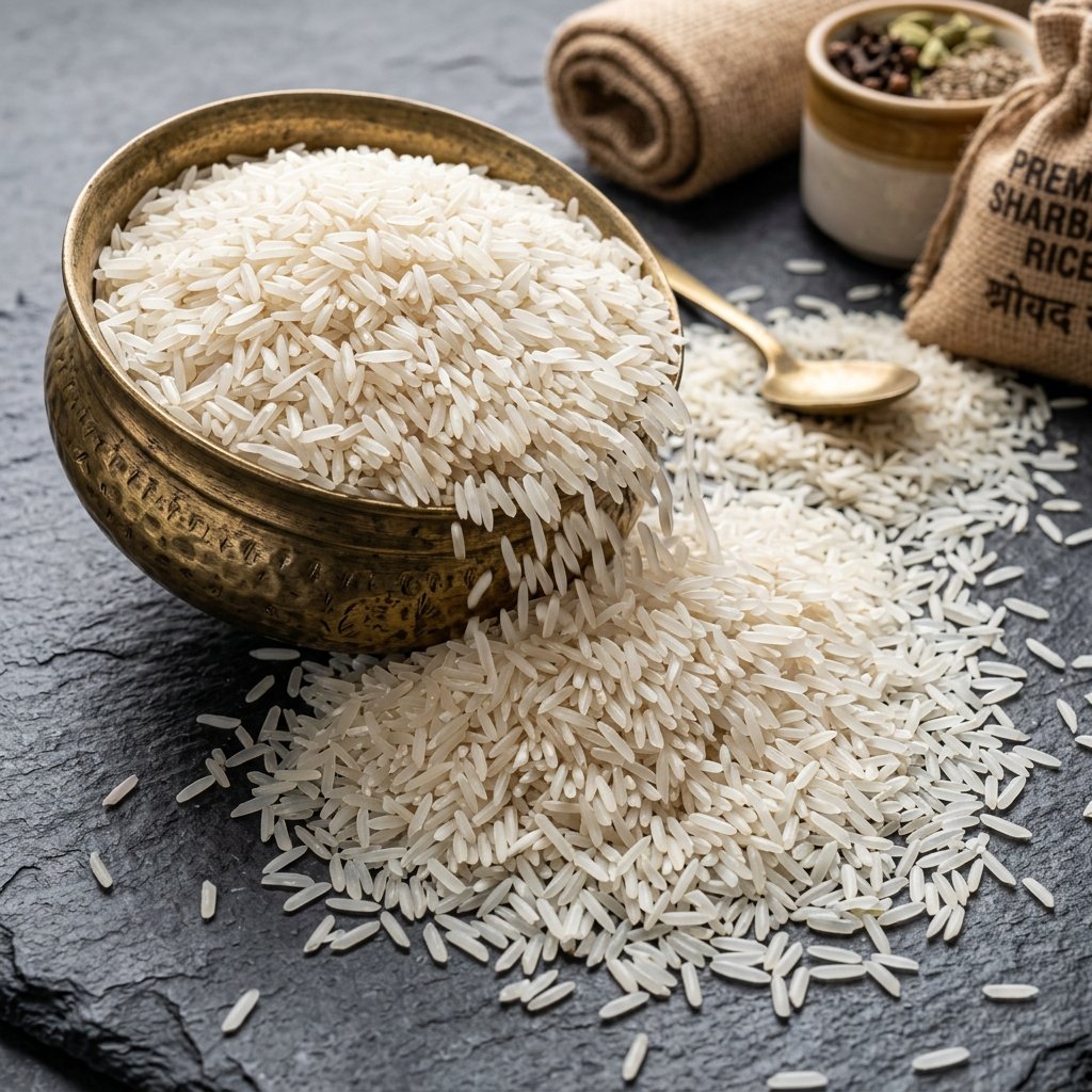 Aromatic Sharbati long grain rice in a traditional brass bowl