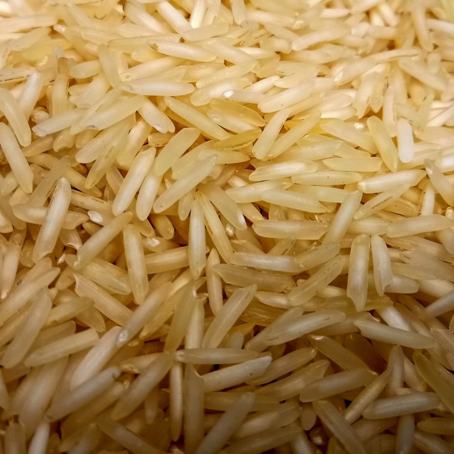 Long-grain polished Sugandha rice grains