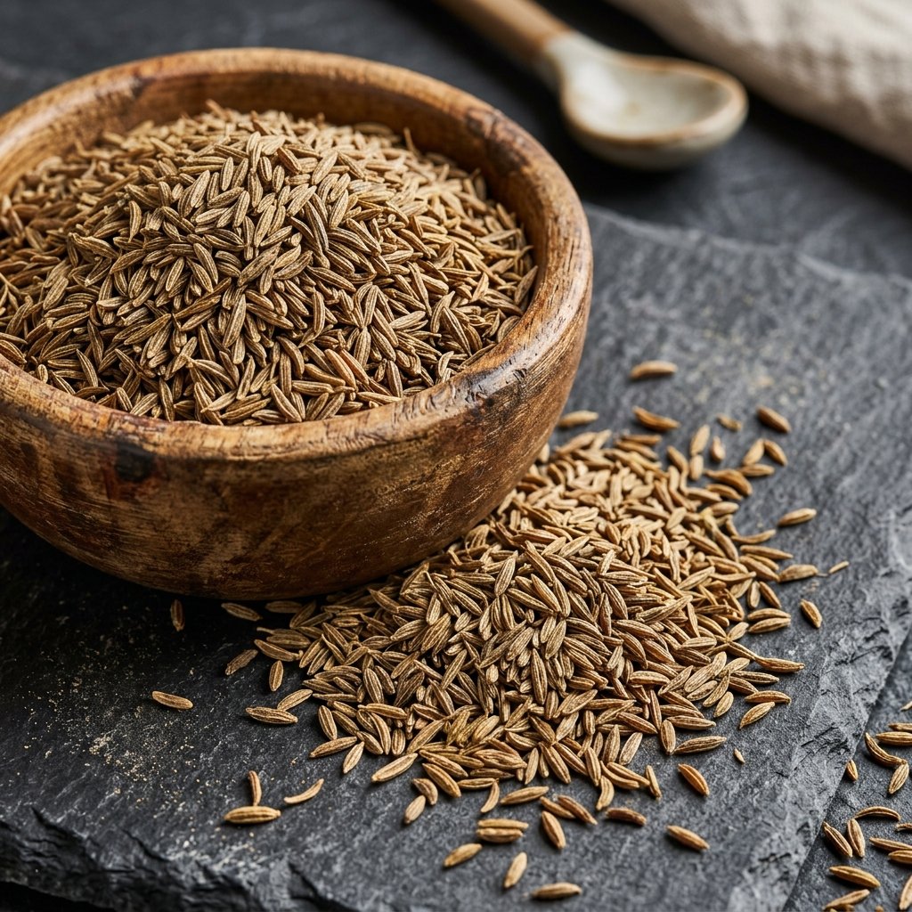 Whole aromatic Indian cumin seeds in a wooden bowl