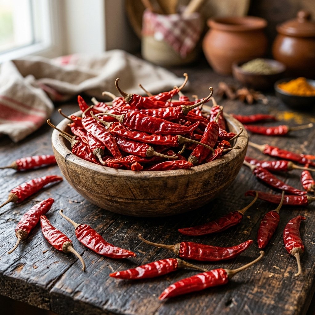 Sun-dried whole Indian red chillies with stems in a bowl