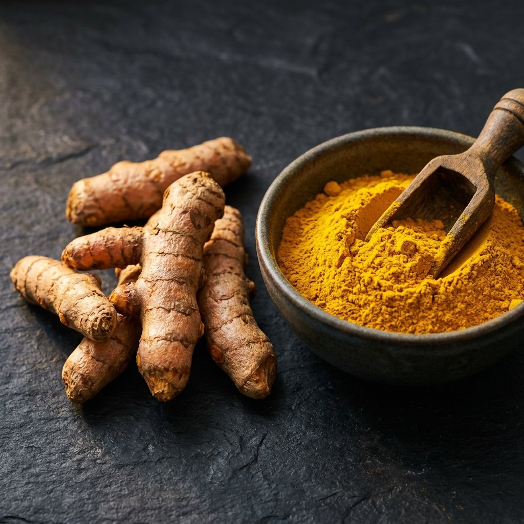 Golden whole turmeric root fingers and ground turmeric powder